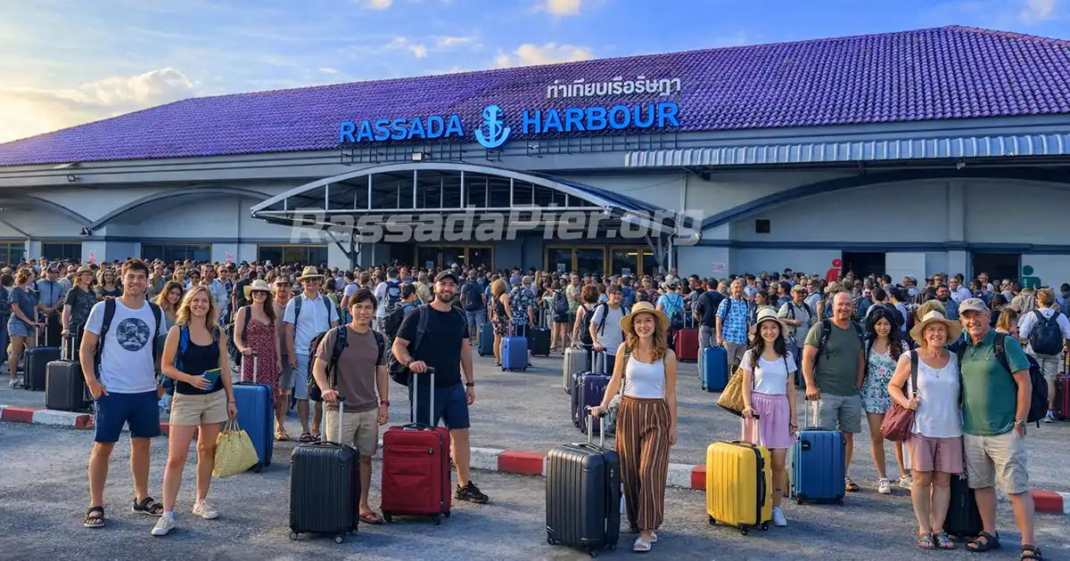 A massive crowd of tourists with luggage waiting outside the busy Rassada Harbour terminal in Phuket during peak morning departure